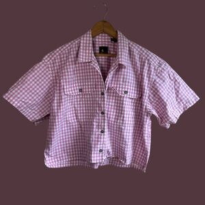 Vintage 1990s LizSport Plaid Gingham Oversized Boxy Cropped Front Button Shirt